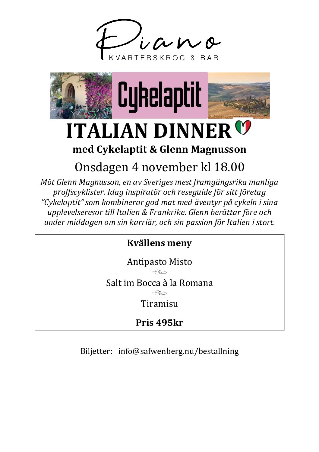 Italian Dinner med "Cykelaptit" & Glenn Magnusson 4/11